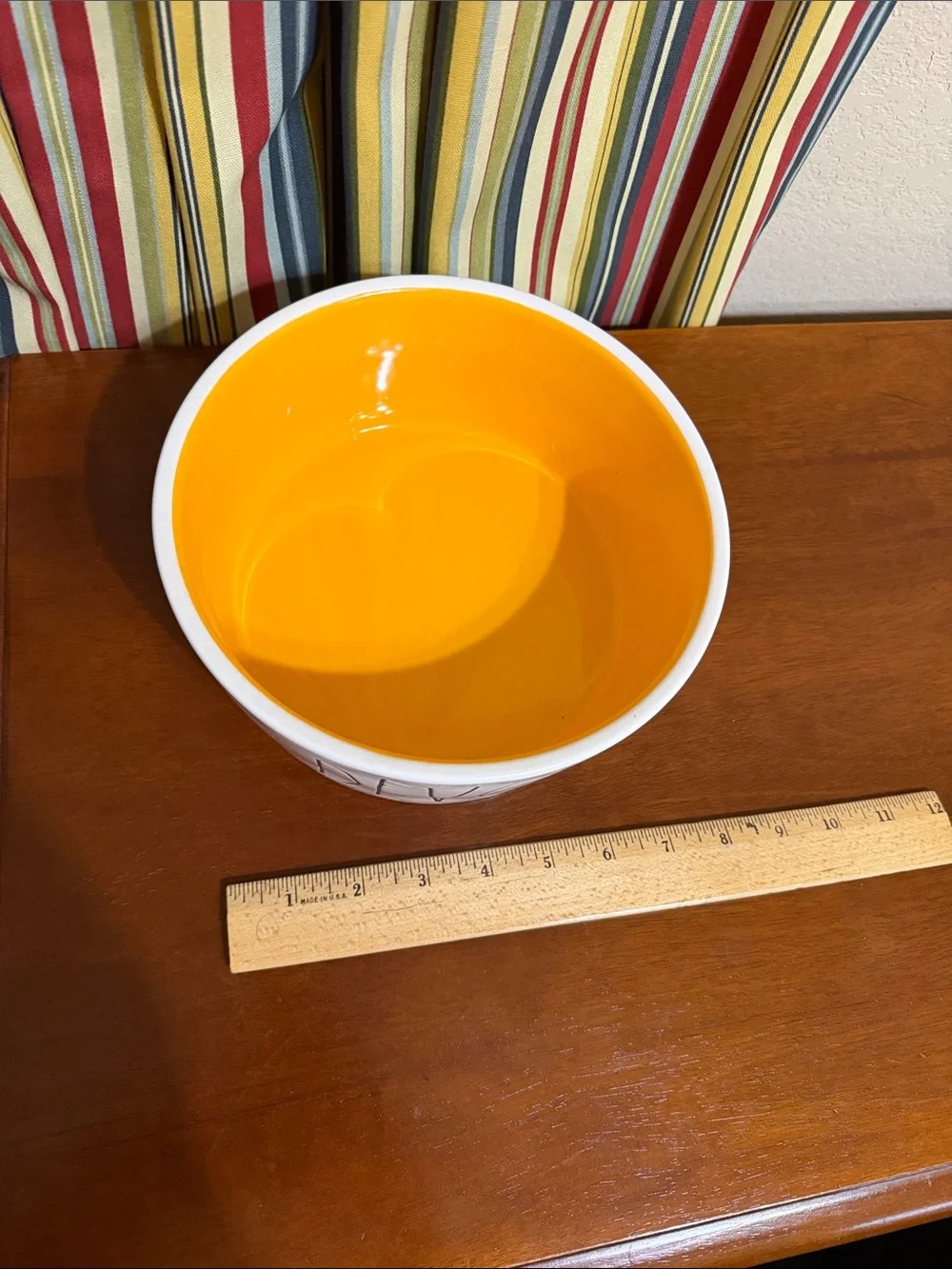 Rae Dunn White Dog Bowl with Orange Interior - 'DEVOUR'